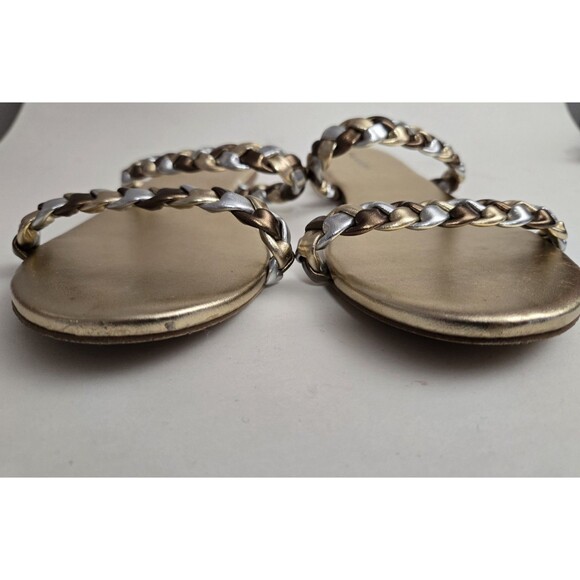 Tahari Size 8 Metallic Gold Slide Sandals Braided Gold Silver Strap Flat Slip on - Picture 3 of 7